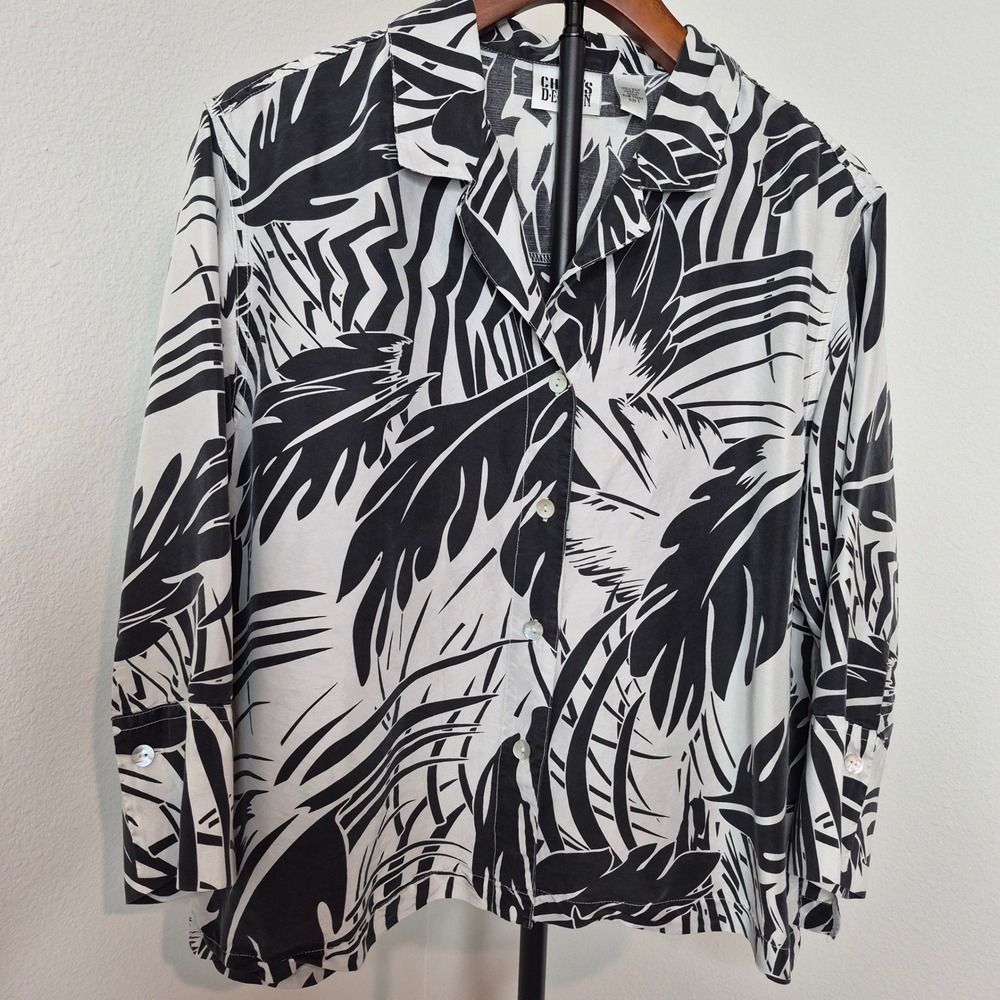 Chicos Design 100% Silk Tropical Palm Print Button Down Shirt Black White Size 1